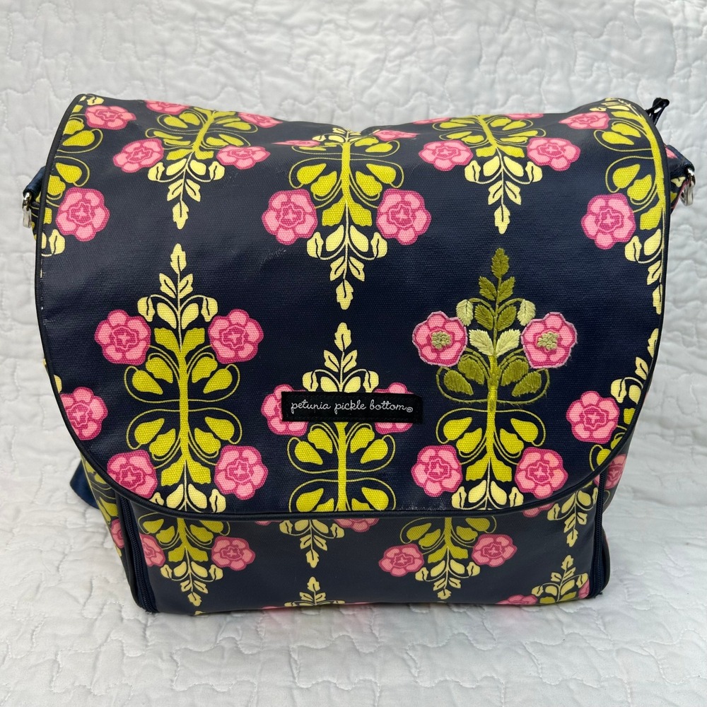 Petunia Pickle Bottom Seville Backpack Diaper Bag Navy Pink Floral Glazed Canvas